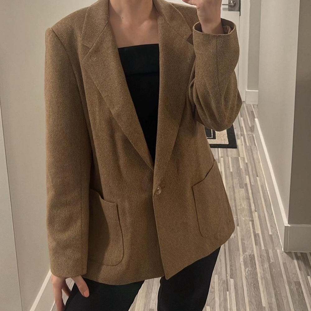 Vintage tan wool printed tweed blazer overcoat